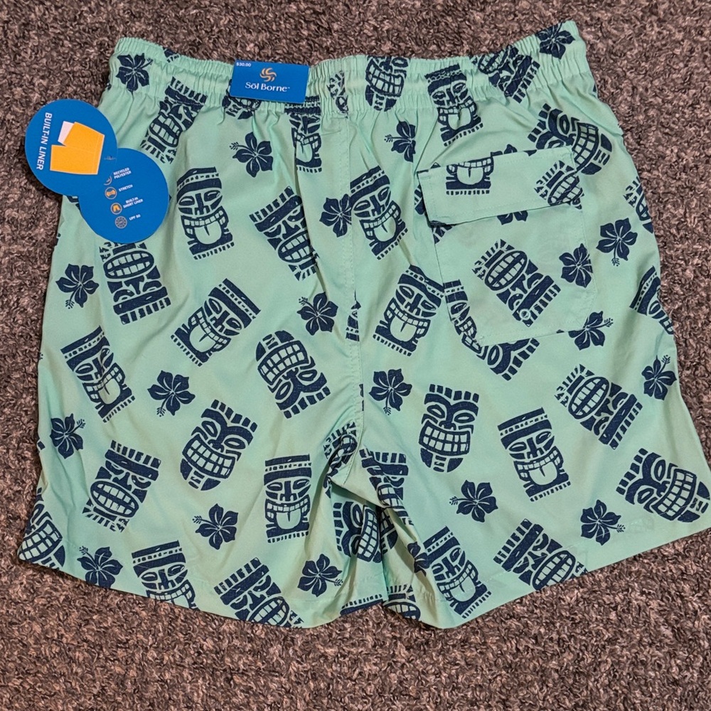 Green and Navy Patterned Men's Swim Shorts